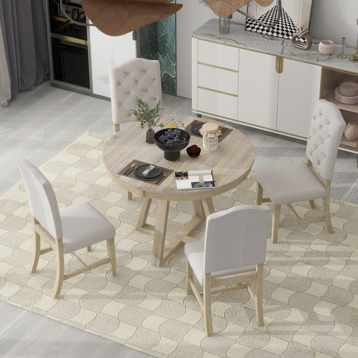 Merax 5 Piece Round Dining Table Set with Extendable Table and 4 Upholstered Chairs, Wood Kitchen Dining Table Chair Set for Dining Room, Living Room, Functional Furniture Retro Style (Natural) Merax