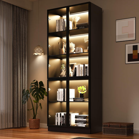 Wildhome Display Storage Cabinet with Glass Door, LED Lights,Showcase for Collections, Perfume, Vinyl Albums, Bookcase for Home Office, Living Room, Clinic, Pantry (5 Layers-Black) Wildhome