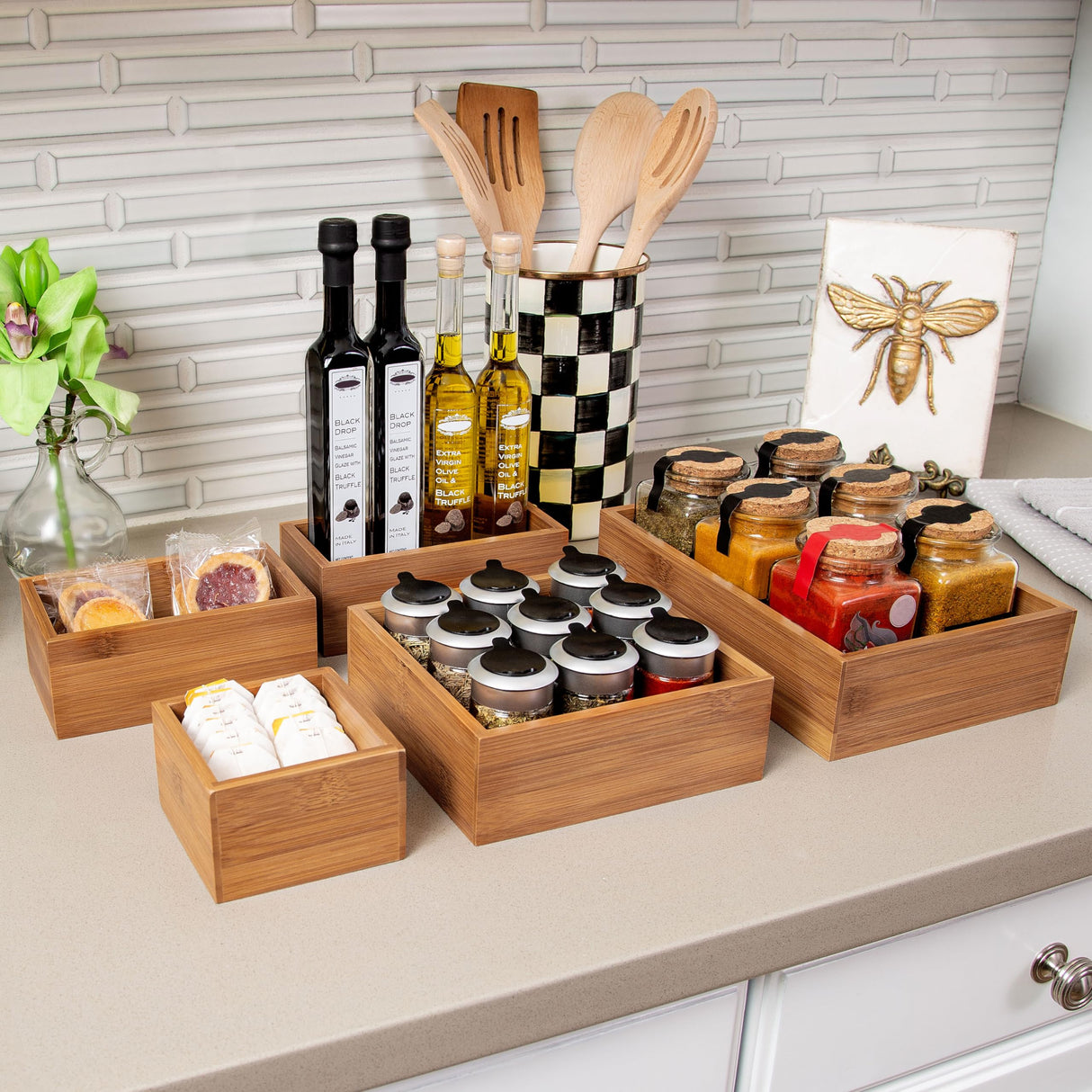 Seville Classics Bamboo Premium Organizer Storage Bins for Kitchen Silverware, Pantry, Closet, Office Desk, Pens, Utensils, Makeup, K Cup, Bamboo, Seville Classics