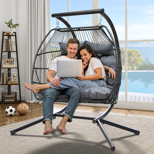 YITAHOME Hanging Egg Swing Chair with Stand Egg Chair Wicker Indoor Outdoor Hammock Egg Chair with Cushions 550lbs for Patio, Bedroom, Garden and Balcony, Dark Gray(Stand Included)