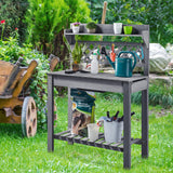 Topeakmart Potting Table Wood Workstation Table w/Sliding Tabletop w/Removable Dry Sink Storage Shelves Outdoor Garden Work Benches Station Planter Bench for Backyard Patio Gray Topeakmart