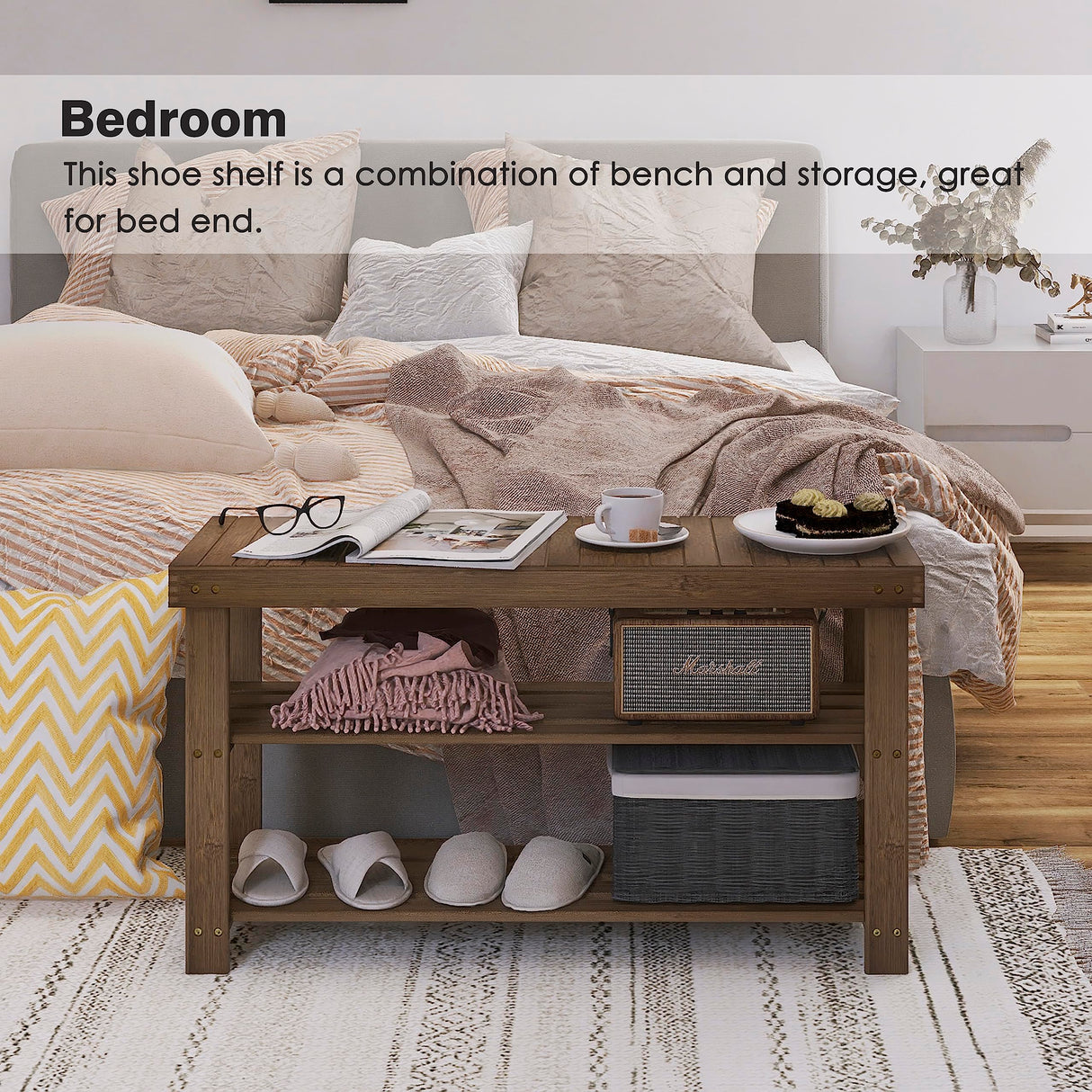 SMIBUY Bamboo Shoe Rack Bench, 3-Tier Shoe Organizer Storage Shelf for Entryway Hallway Bathroom Living Room (Walnut) SMIBUY