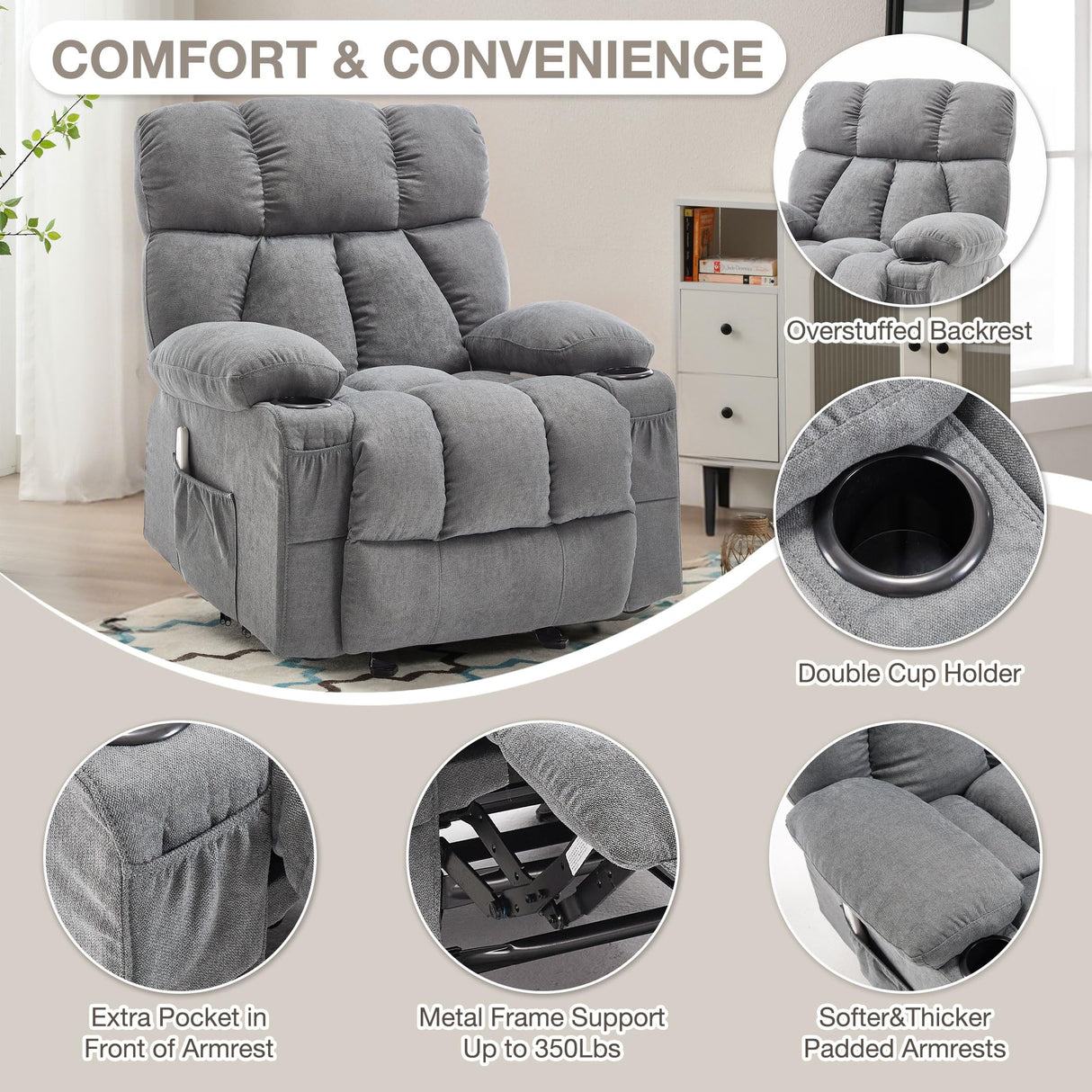 Massage Rocker Recliner Chair with Heat and Vibration Ergonomic Rocking Lounge Chair for Living Room Comfy Overstuffed Recliner with 4 Side Pockets,2 Cup Holders, USB Charge Port, Grey jonpony