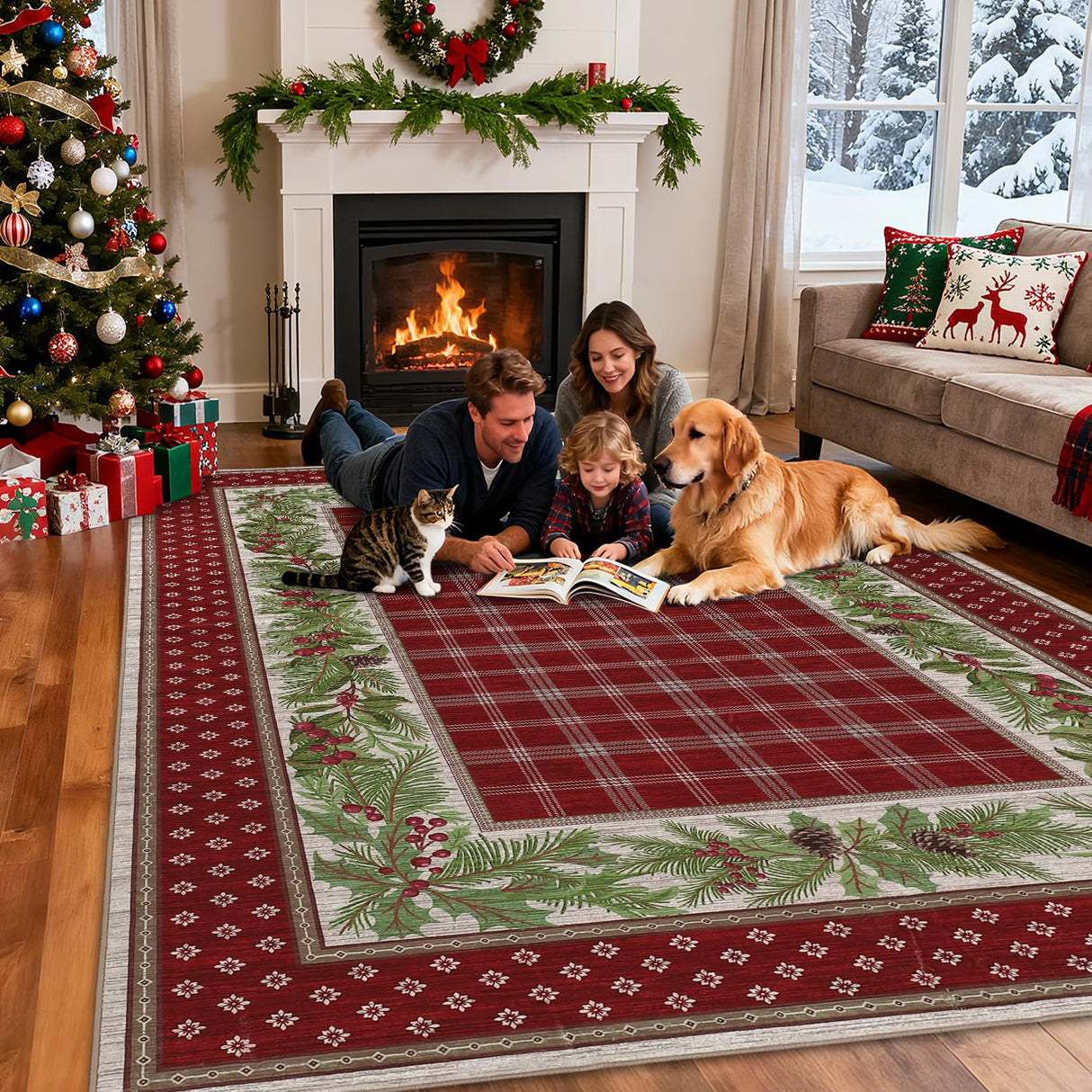 GarveeHome 5x7 Christmas Area Rug for Living Room: Machine Washable Christmas Area Rugs for Bedroom with Non-Slip Backing, Living Room Washable Carpet, Soft Low Pile Non-Slip Bedroom Carpet 5*7 ft Red GarveeHome
