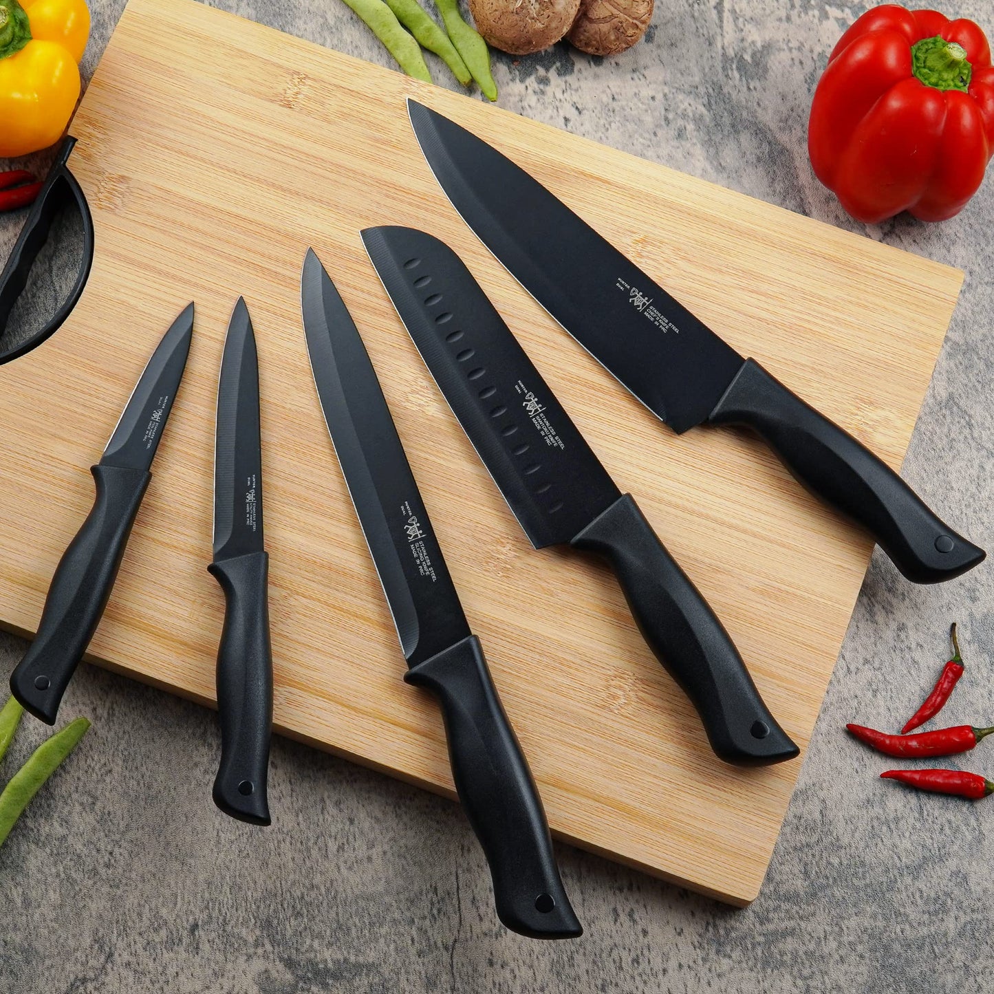 Knife Set, HUNTER.DUAL 15 Pcs Kitchen Knife Set with Block Self Sharpening, Dishwasher Safe, Anti-slip Handle, Black