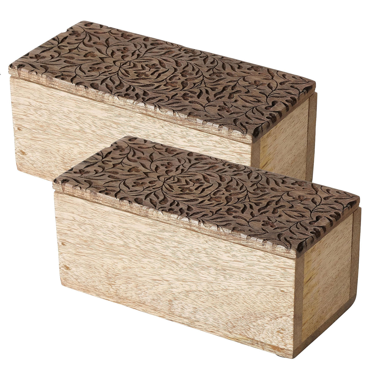 WHW Whole House Worlds Decorative Wood Boxes, Set of 2, CarvedLeaf and Vine Details, Removable Lids, Durable Brown Mango, 6 Inches WHW Whole House Worlds