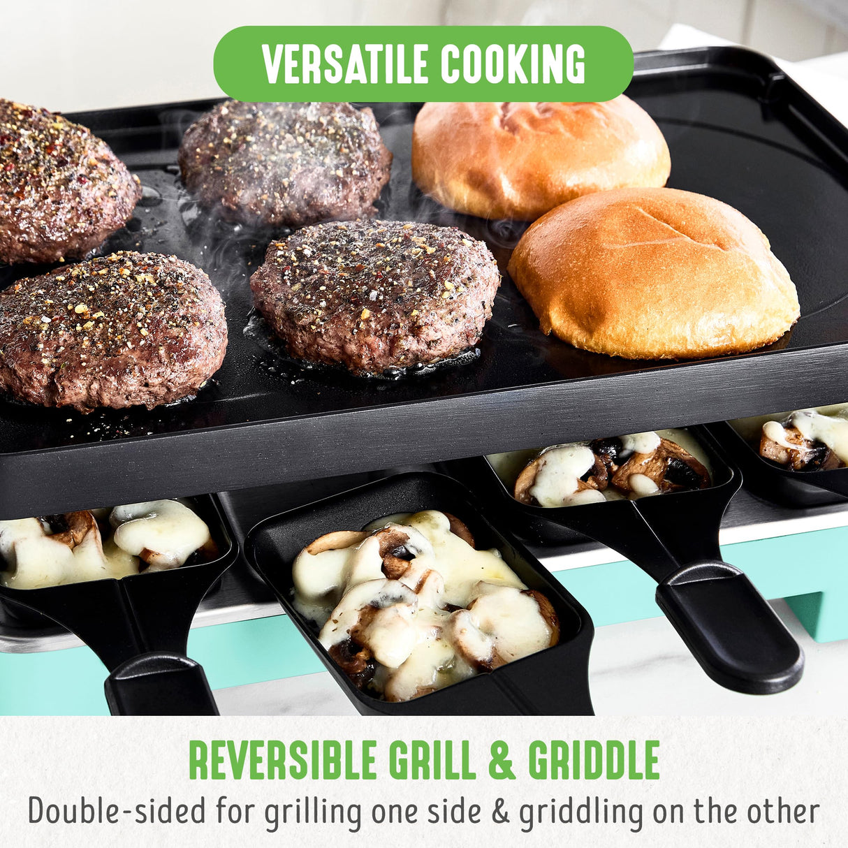 GreenLife Raclette Indoor Tabletop Grill, Healthy Ceramic Nonstick, 2-in-1 Grill and Griddle, 8 Square Nonstick Pans, Adjustable Temperature Control, Easy Indicator Light, PFAS-Free, Turquoise GreenLife