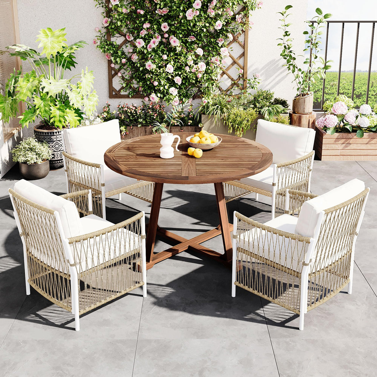 Modern 5-Piece Outdoor Patio Dining Set, All-Weather Acacia Wood Extendable Round Dining Table with 12inch Butterfly Leaf and 4 Rattan Arm Chairs for Backyard, Garden, Poolside CKLMMC