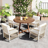 Modern 5-Piece Outdoor Patio Dining Set, All-Weather Acacia Wood Extendable Round Dining Table with 12inch Butterfly Leaf and 4 Rattan Arm Chairs for Backyard, Garden, Poolside CKLMMC