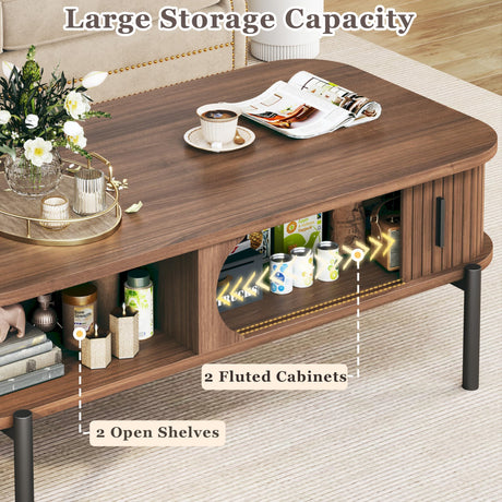 Coffee Table, 39.4" Mid Century Modern Coffee Tables for Living Room, Coffee Table with Storage Open Shelf, Fluted Table with Sliding Cabinet Door, 2-Tier Rustic Wood Desktop, Walnut HUAHUU