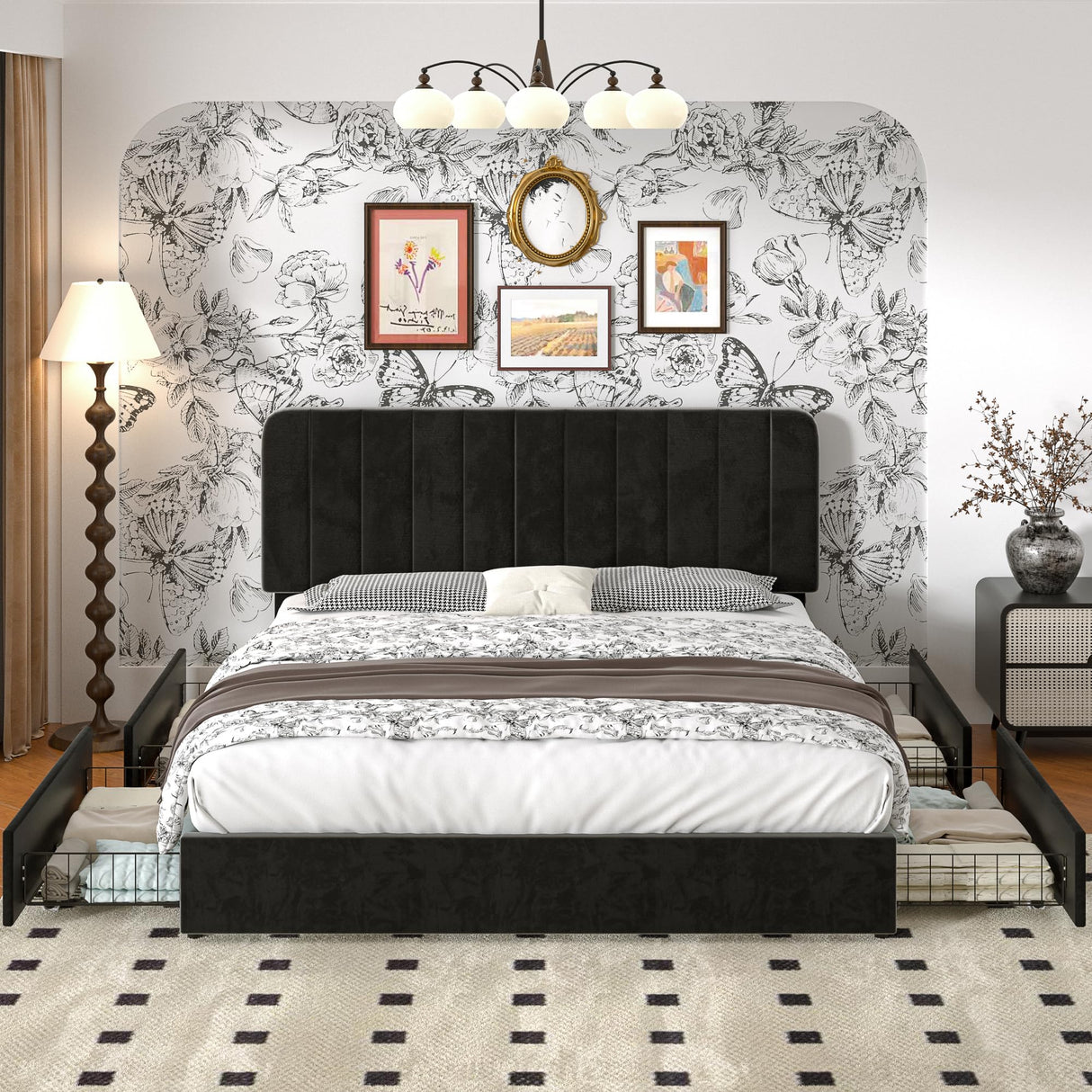 VECELO Queen Size Upholstered Bed Frame with 4 Drawers and Headboard, Velvet Platform Storage Bedframe, Wooden Slats Support, No Box Spring Needed,Black VECELO