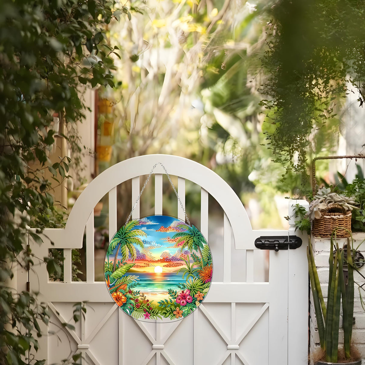 JJFox Diamond Art Hanging Kit for Adult,Special Shaped Rhinestone,Double Sided DIY Acrylic 5D Diamond Art Painting Window Pendants Home Garden Wall Hanging Kits Hanging Ornament (Summer Beach) JJFox