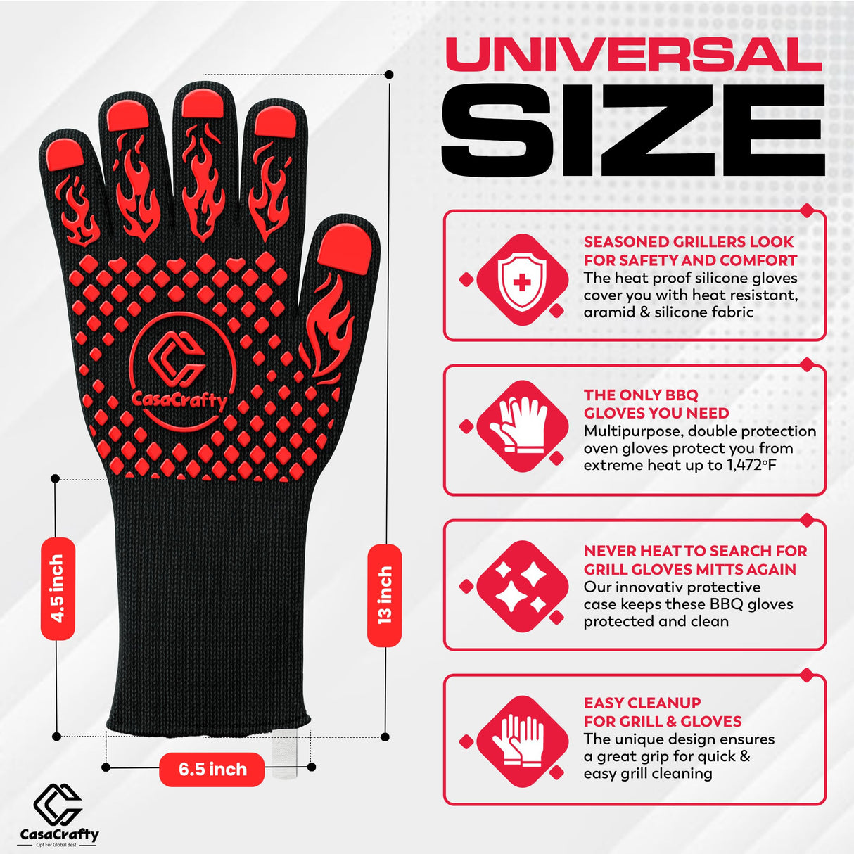 Pro-Series EN 407 Certified BBQ Gloves - Extreme Heat Resistant Grill Gloves (1472℉/800℃), Heatproof/Fireproof Protection Oven Mitts for Grilling, Cooking, Baking, Camping, and Welding - 1 Pair Casacrafty