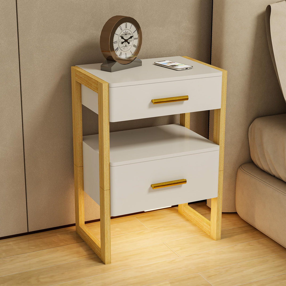 Edospaen Solid Wood Nightstand Night Stand with Motion Sensor Night Light & Storage Drawer, Wooden Bedside Table End Table Sofa Side Table Edospaen