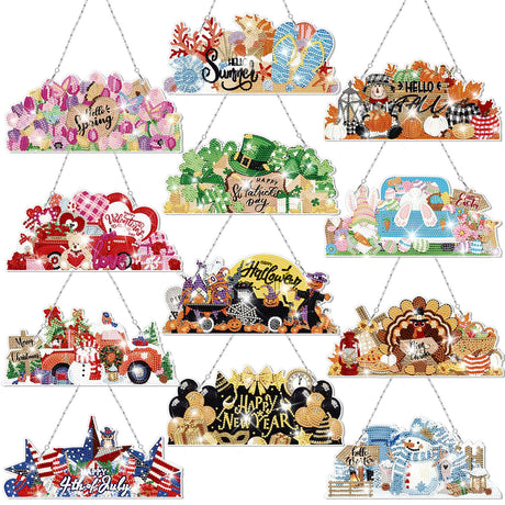 Cinnvoice 12 Pcs Seasonal Diamond Art Wreath Kits Holiday Fall Halloween 5d DIY Diamond Art Hanging Signs Thanksgiving Christmas Ornaments for Wall Door Decoration(Novel) Cinnvoice