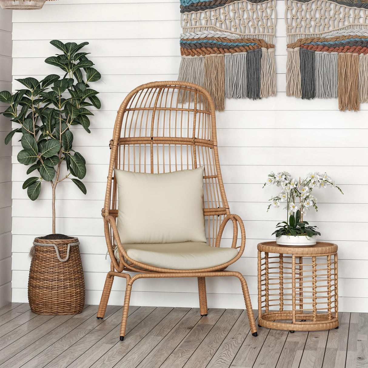 YITAHOME Outdoor Small Egg Chair, Patio Wicker Basket Chair with Strong Capacity Indoor Egg Chairs with High Back & Cushion Cocoon Chair for Bedroom, Outside (Beige) YITAHOME