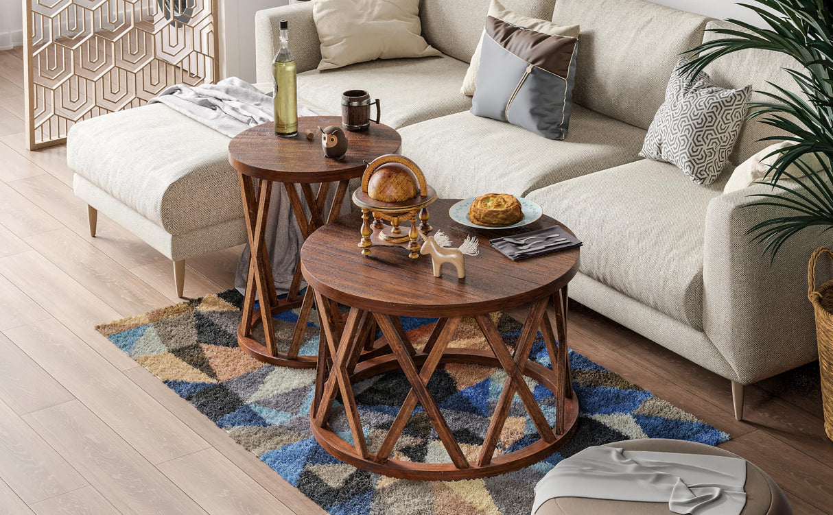 COZAYH Rustic Farmhouse Coffee Table, Round Coffee Table with X-Motifs Legs, Wood Textured Top, for Boho, French Country Decor, Brown COZAYH