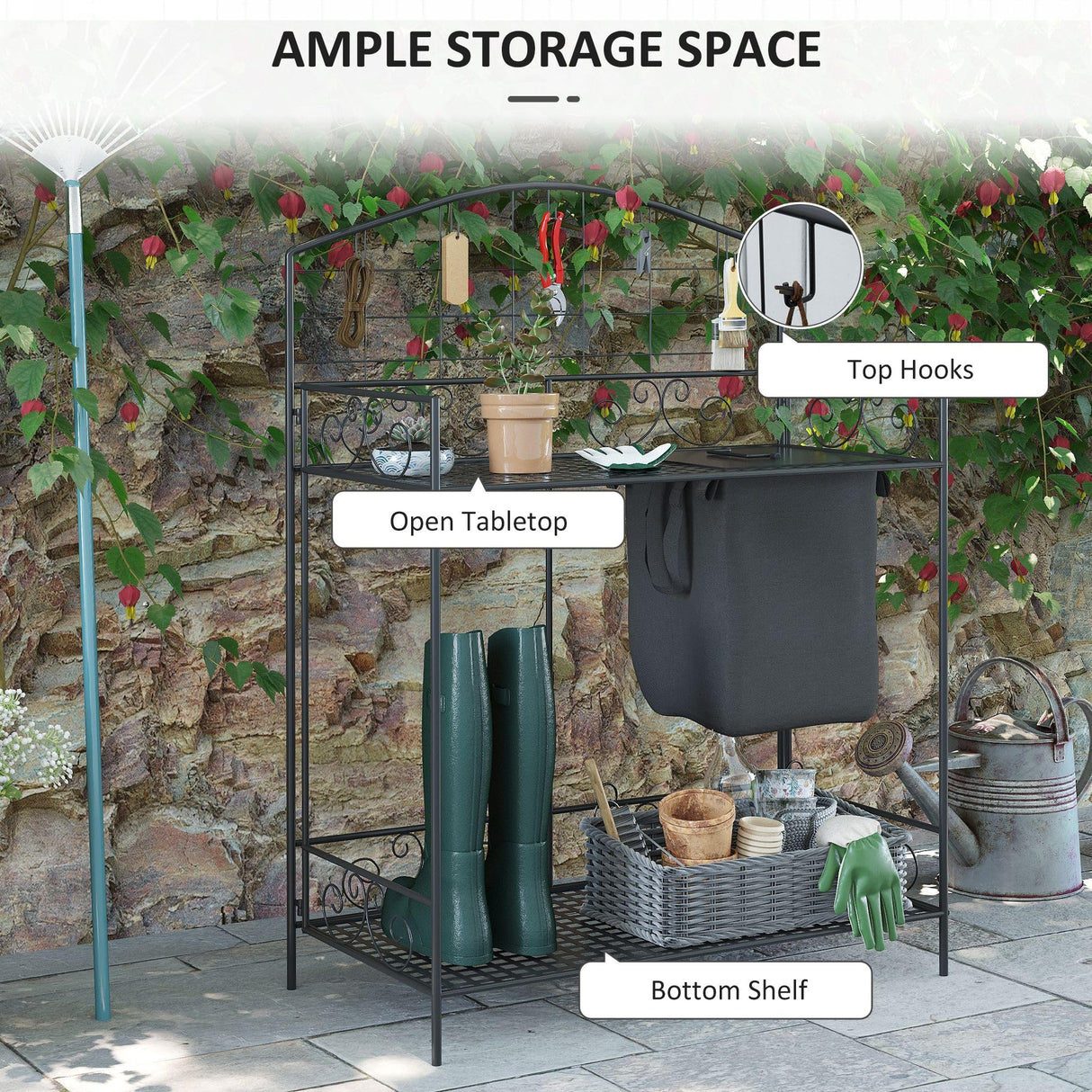 Outsunny Folding Potting Bench Table, Metal Garden Workstation, Work Bench with Large Build-in Bag with Cover, 5 Hanging Hooks & Storage Shelf, Flourishes Outsunny