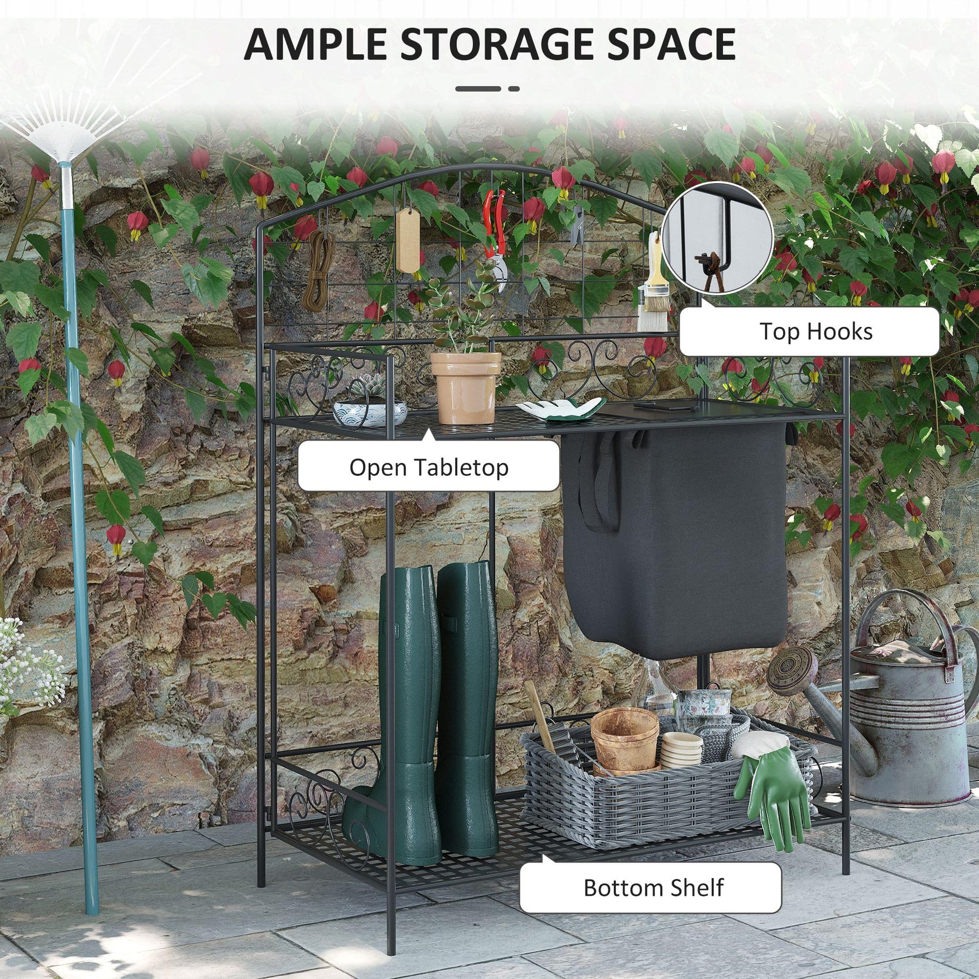 Outsunny Folding Potting Bench Table, Metal Garden Workstation, Work Bench with Large Build-in Bag with Cover, 5 Hanging Hooks & Storage Shelf, Flourishes - WoodArtSupply