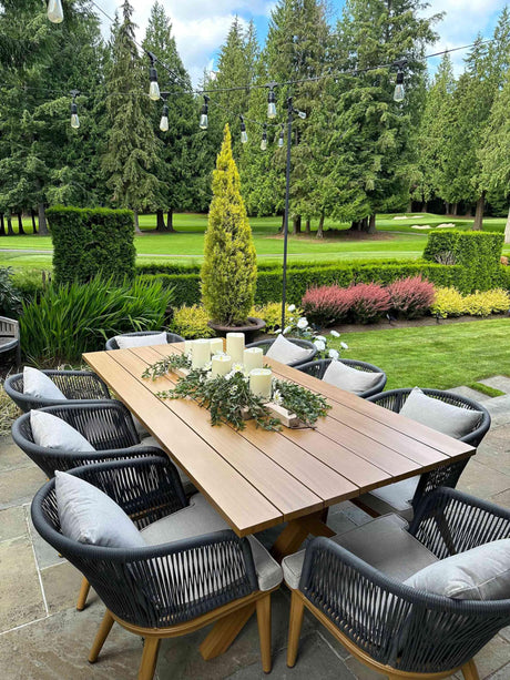 PURPLE LEAF 9 Pieces Patio Dining Set Wicker Outdoor Furniture Rectangular Table and Chairs Set for Garden Deck Teak-Finish Aluminum Frame Backyard Kitchen Set, Cushions and Pillows Included PURPLE LEAF