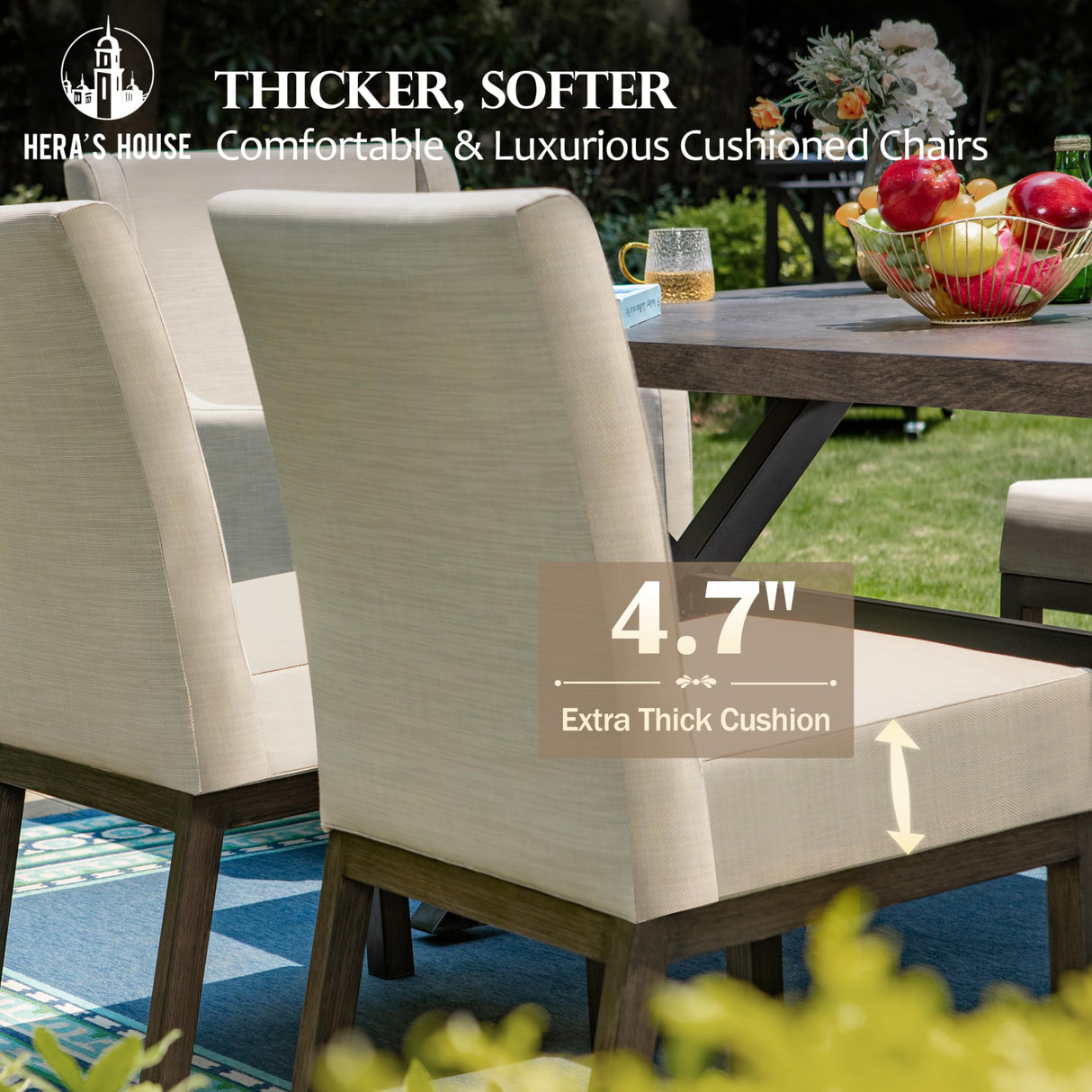 HERA'S HOUSE 7-Piece Indoor/Outdoor Dining Set for 6-64" Rust-Resistant Metal Table & 4.7" Cushioned Chairs, All-Weather Patio and Dining Room Furniture for Deck Kitchen Garden Backyard HERA'S HOUSE