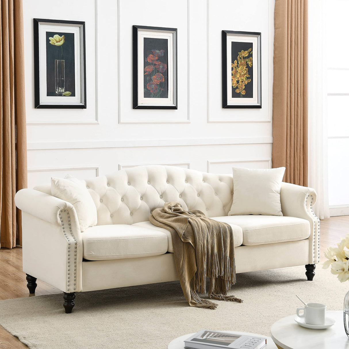 79" Velvet Chesterfield Sofa for Living Room,3 Seater Sofa Button Tufted Nailhead Trimming Curved Backrest Rolled Arms with Wood Legs with 2 Pillows,Bedroom,Office (Beige Velvet, 79*30*32") Fulocseny