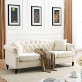 79" Velvet Chesterfield Sofa for Living Room,3 Seater Sofa Button Tufted Nailhead Trimming Curved Backrest Rolled Arms with Wood Legs with 2 Pillows,Bedroom,Office (Beige Velvet, 79*30*32") Fulocseny
