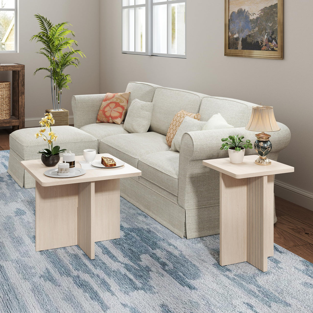Nesting Wood Grain Color Tables for Living Room: Nesting Coffee Table Set of 2, Modern Wooden Square Center & Side Piece, Fluted Design Small End Stand for Spaces LABROSKIA
