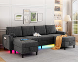 HYZQ Sectional Couches for Living Room, 4 Seat Linen Sectional Sofa with Reversible Chaise Lounge/Storage Ottoman, U Shaped Couch with Smart Module-Wireless Charging/USB/Type-C/RGB Light (Dark Grey) HYZQ