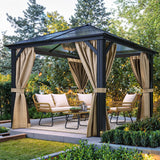 YITAHOME 10x10 Gazebo Polycarbonate Hardtop Outdoor Single Top Canopy with Netting and Shaded Curtains, Aluminum Frame Garden Tent for Patio, Backyard, Deck and Lawns, Brown YITAHOME