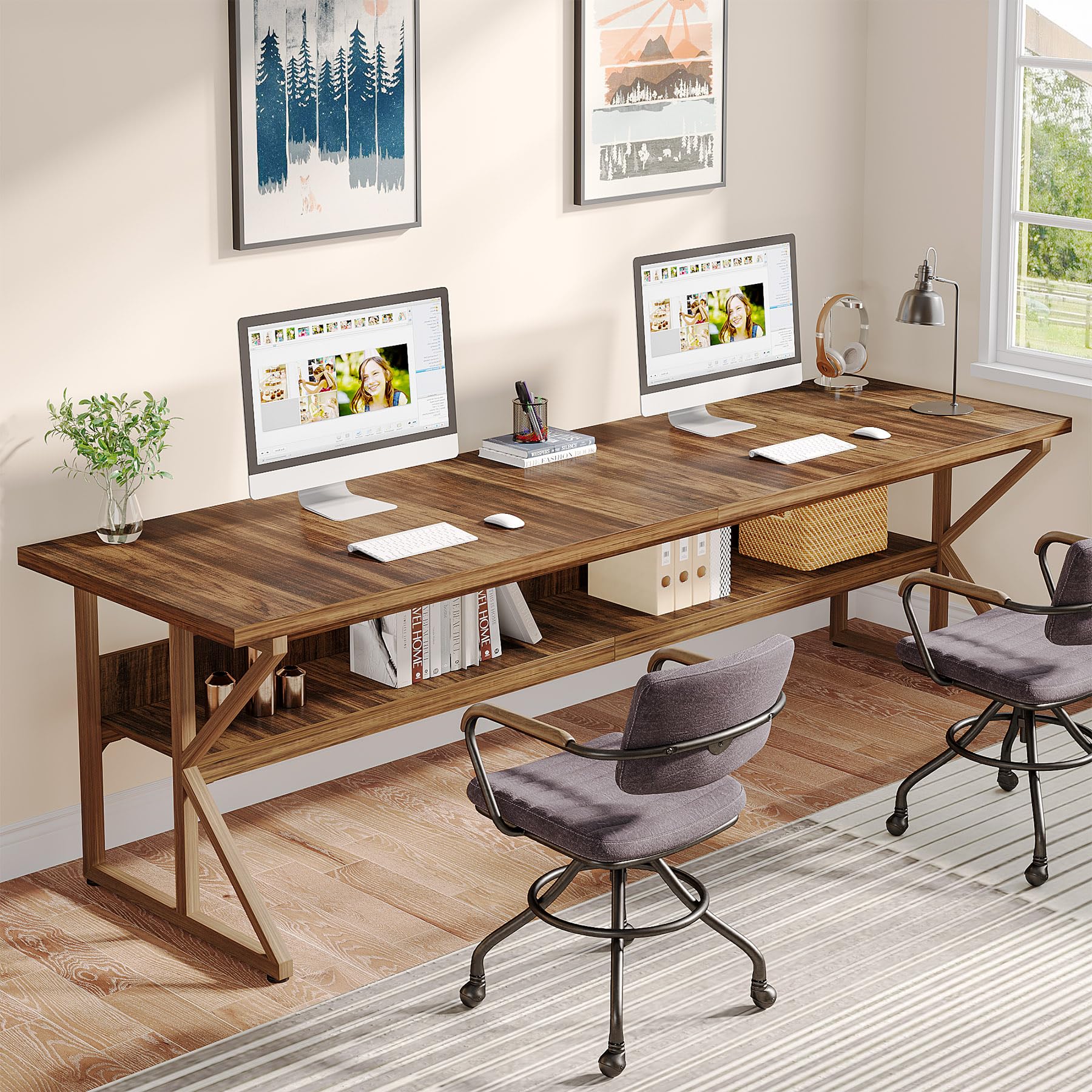 Tribesigns 79-Inch Extra Long Desk, 2 Person Desk with Storage Shelf, Large Computer Desk Double Desk Writing Table Desk for Home Office, Brown - WoodArtSupply