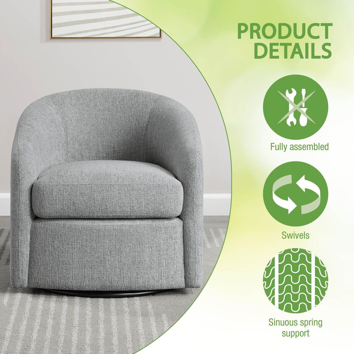 OSP Home Furnishings Bella Coastal Upholstered Barrel Swivel Chair, Dove Grey OSP Home Furnishings