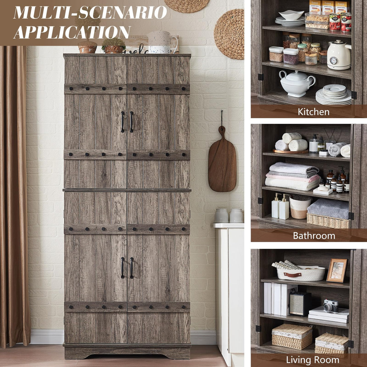 VanAcc 72" Tall Farmhouse Kitchen Pantry Cabinet with Door Organizer & Adjustable Shelves, Wooden Storage Cupboard with Drawer and Barn Doors for Kitchen, Dining Room, Living Room, Grey Oak VanAcc