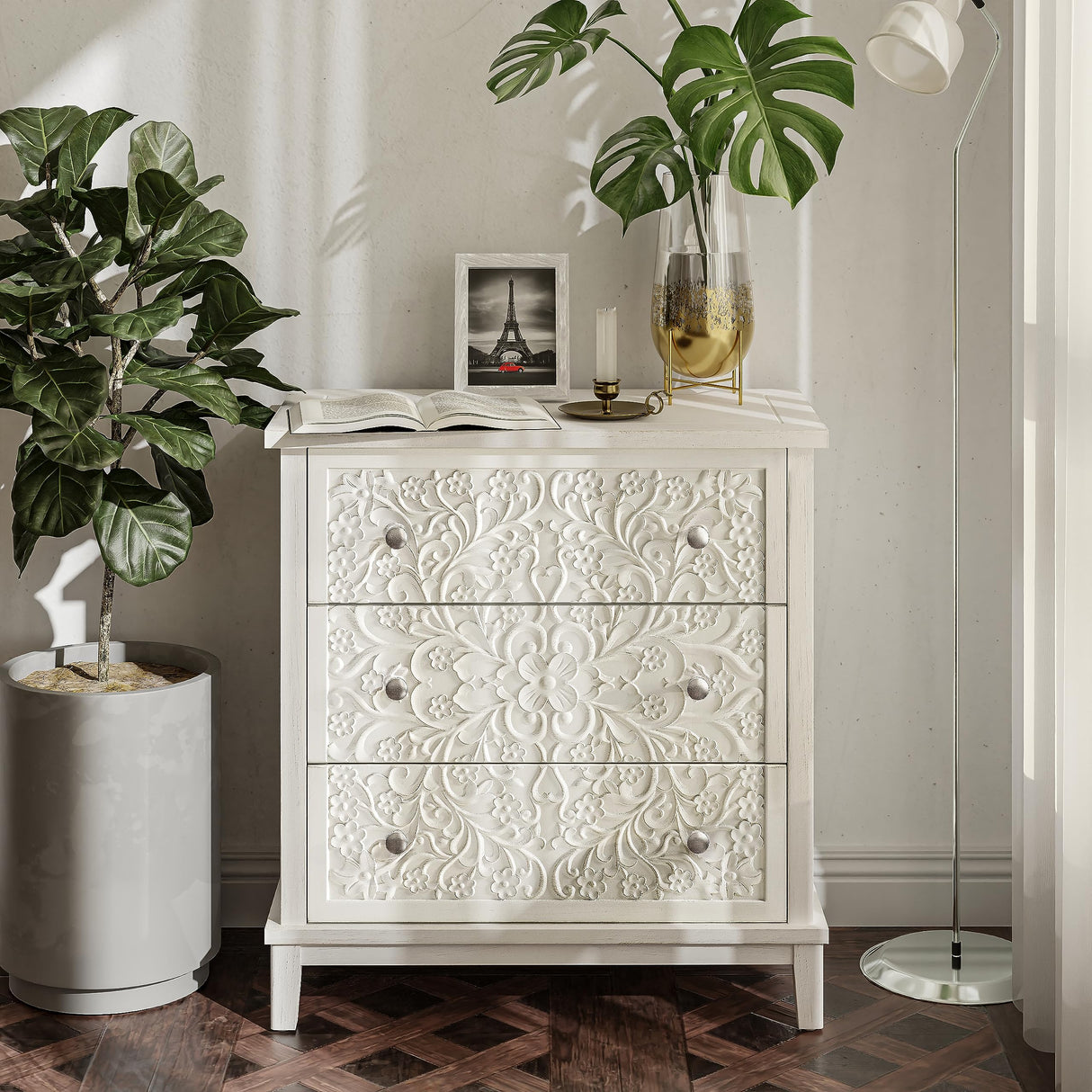 COZAYH 3-Drawer Fully-Assembled Flower Motif Dresser for French Country, Farmhouse, Modern, Rustic Style, Distressed Finish, White-Washed COZAYH