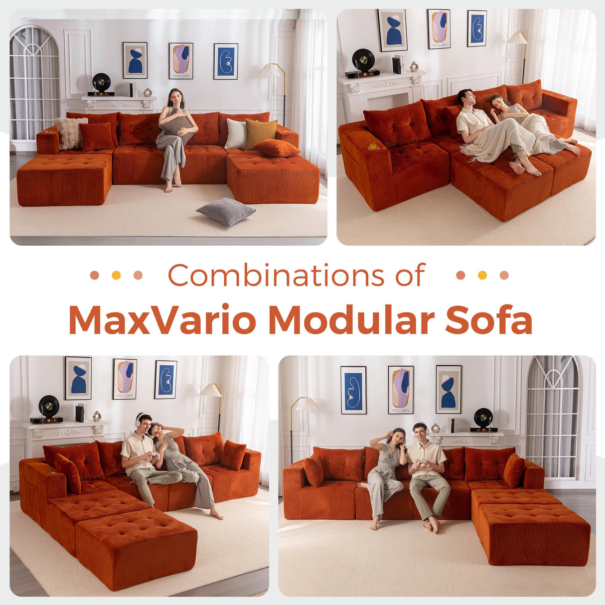 MAXYOYO Modular Sectional Sofa Couch, U Shaped Modern Cloud Couch with 2 Ottomans, Sofa in A Box, Tufted 6-Seat Boneless Sleeper Chair for Living Room, No Assembly Required, Orange MAXYOYO