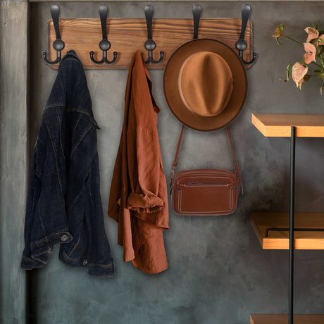 WEBI Rustic Coat Rack Wall Mount,Coat Hooks Wall Mounted,16" Hole to Hole,Wood Coat Hanger Wall,Hook Rack Rail,5 Triple Hooks for Hanging Coats,Jacket,Clothes,Brown WEBI