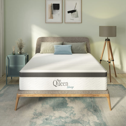 NapQueen Mattress, 8 Inch Maxima Hybrid Cooling Gel Infused Memory Foam and Innerpring, Queen Bed Mattress in a Box, CertiPUR-US Certified, Medium Feel, Deep Sleep and Optimal Comfort, White & Gray