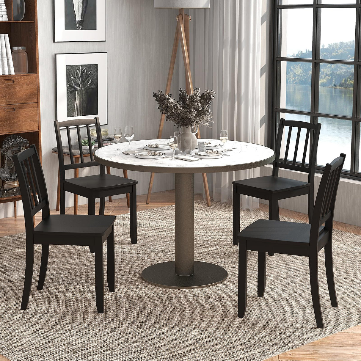 Giantex Farmhouse Dining Chairs Set of 4, Modern Kitchen Chairs w/Rubber Wood Legs & Curved Backrest, Ladder Back Diner Chairs, Wooden Side Chairs for Study, Dining Room, Load 400 LBS, Black Giantex