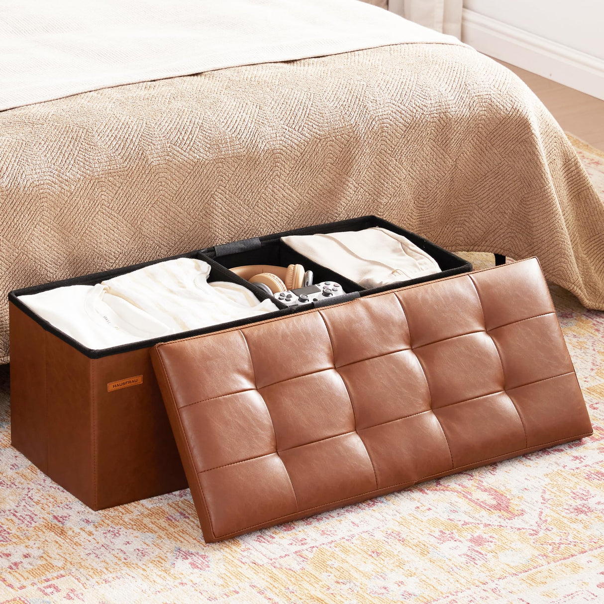 HAUSFRAU 31.5 Inches Ottoman with Storage Bench, Folding Ottoman Bench Small Foot Rest Stool, Bedroom Bench with Flipping Lid, Faux Leather Retro Brown HAUSFRAU