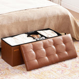 HAUSFRAU 31.5 Inches Ottoman with Storage Bench, Folding Ottoman Bench Small Foot Rest Stool, Bedroom Bench with Flipping Lid, Faux Leather Retro Brown HAUSFRAU