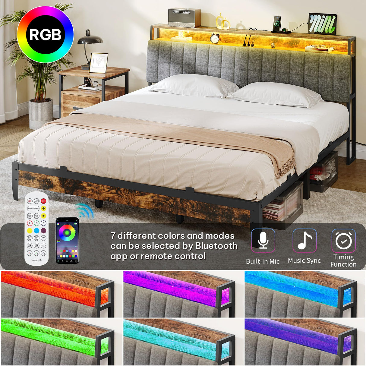 DWVO King Size Bed Frame with Charging Station, 2-Tier Storage Headboard with RGB LED Lights, Linen Upholstered Platform Bed Strong Wooden Slats, No Box Spring Needed Noise Free, Rustic Brown DWVO