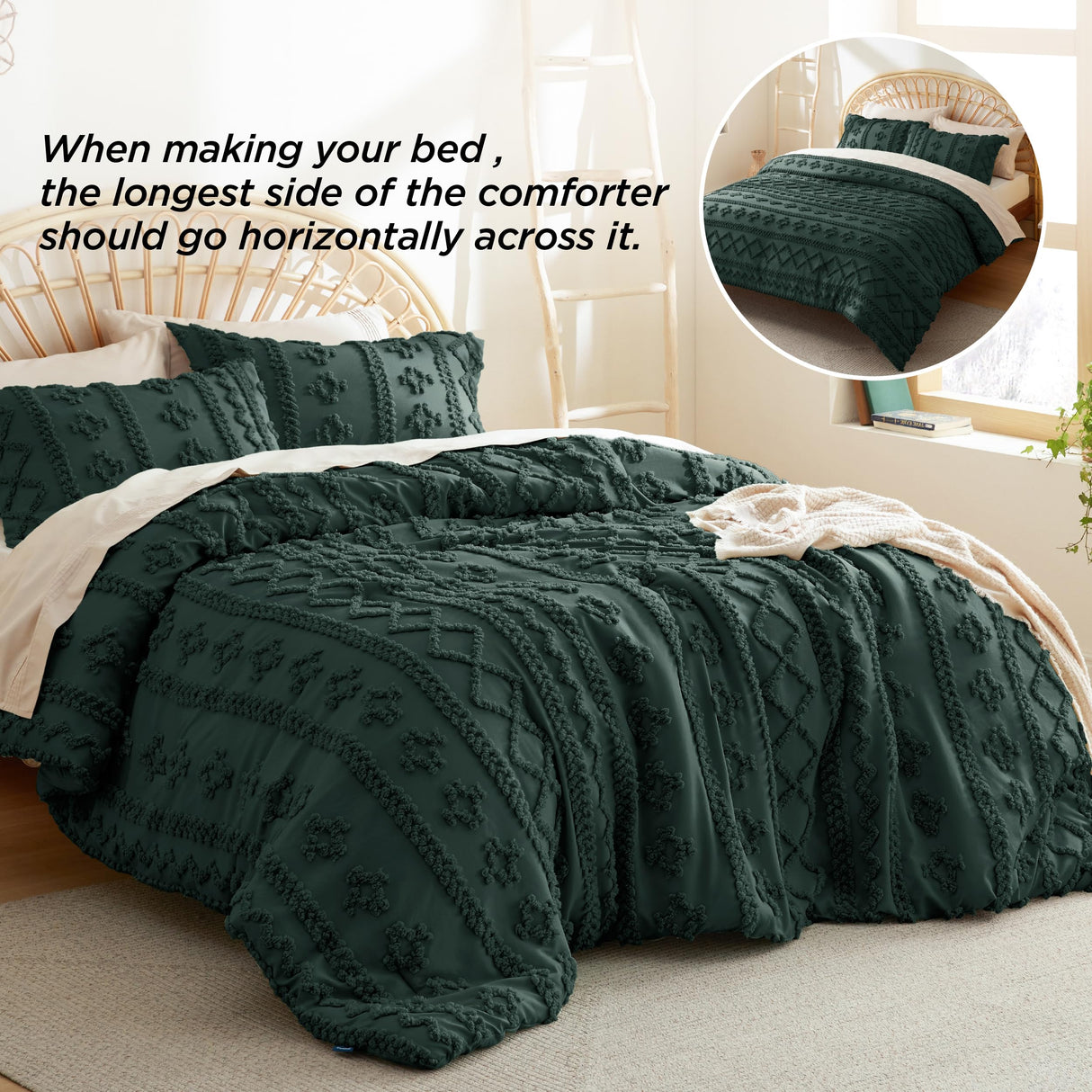 Bedsure Tufted Boho Comforter Set King Size - Emerald Green Boho Bed Set, GentleSoft™ 3 Pieces Farmhouse Shabby Chic Embroidery Bedding, Gifts for Woman, Soft Jacquard King Comforter for All Seasons Bedsure
