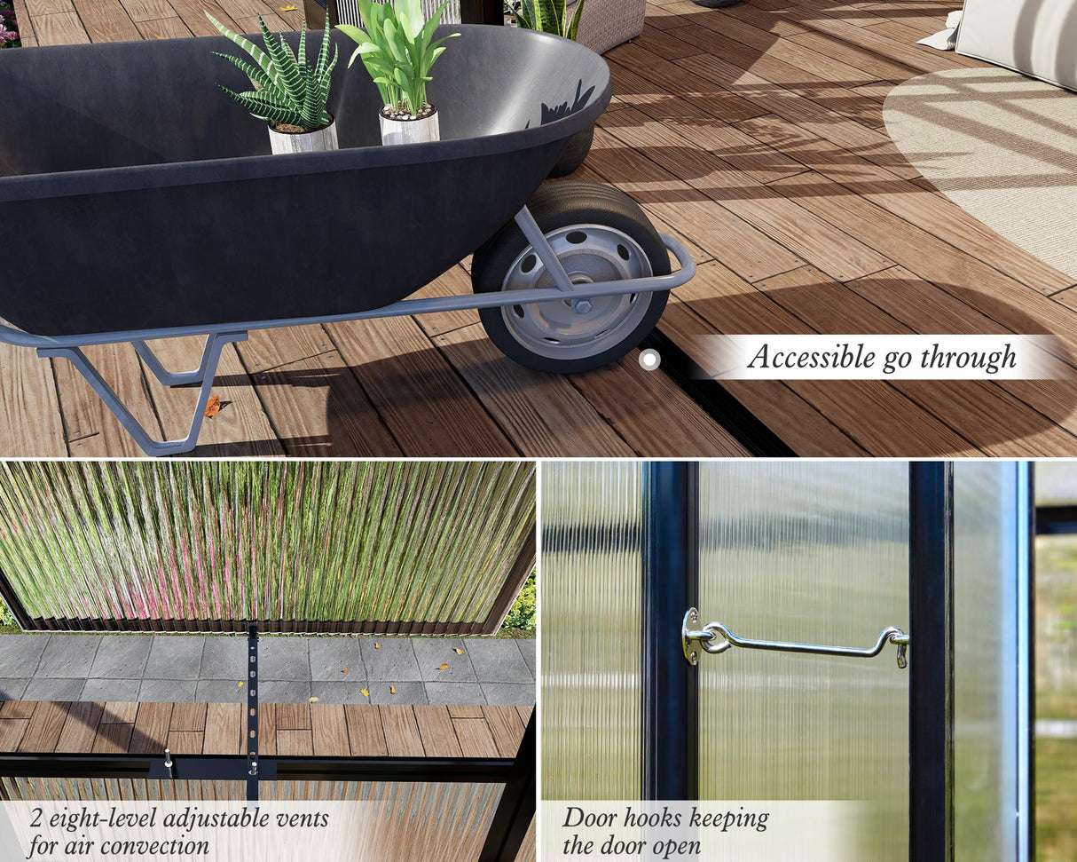 HOWE 14x9.5x9 FT Polycarbonate Greenhouse with 2 Vents and Double Swing Doors 6FT Added Wall Height, Walk-in Large Winter Greenhouse Sunroom Aluminum Greenhouse for Outdoors, Black HOWE