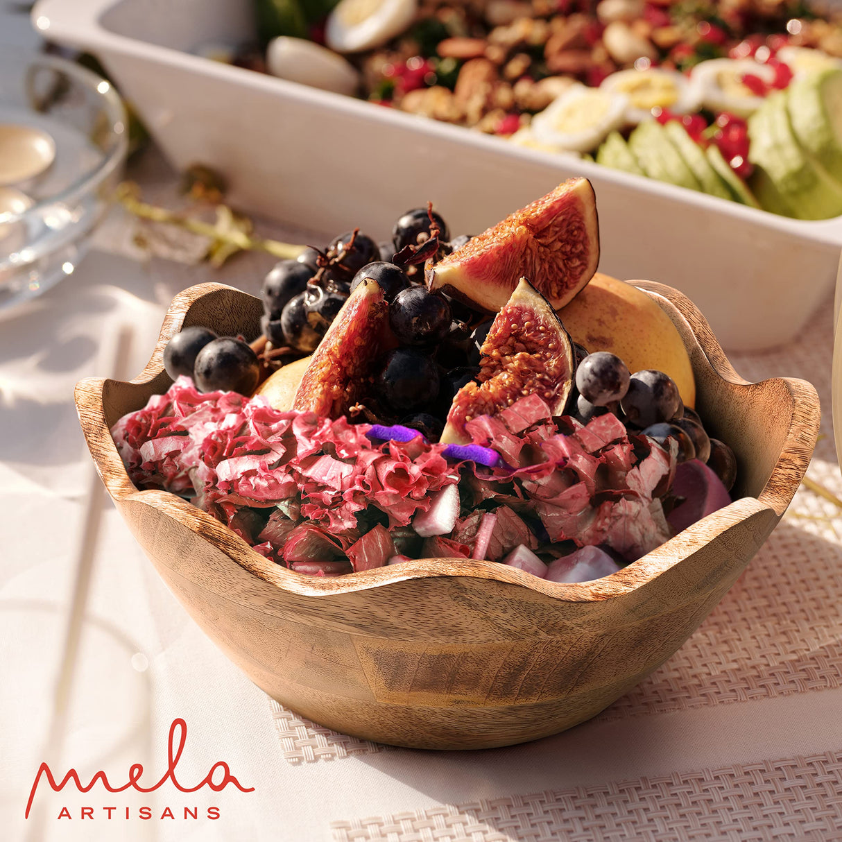 Mela Artisans Wooden Scalloped Bowl - Medium | Ruffle Decorative Style | Rustic Kitchen Decor | Mango Wood | Natural Grain Finish | Fits Bread, Fruits, Salad or Popcorn | 10” x 4” x 9” Mela Artisans
