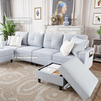 Lvifur LED Sectional Couches for Living Room, Modern Modular Sectional Sofa with Charging Station, U-Shaped 4 Seat Sofa Set with Chaise and Storage Ottomans (Light Grey)