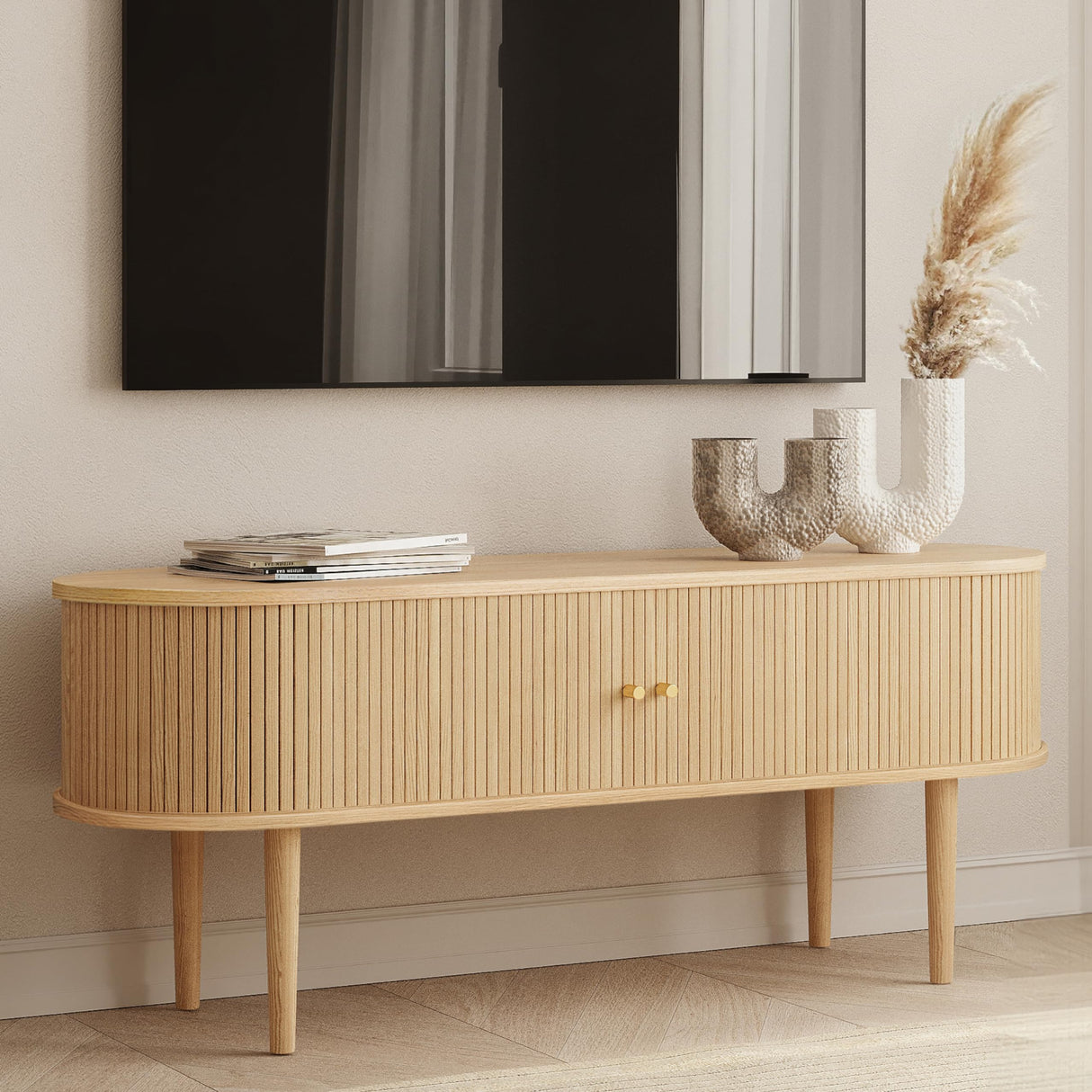 WERMO 55'' TV Stand with Storage and Shelves designed to fit 32’’ - 60'' TVs. Wood Entertainment Center for Living Room and Bedroom, Media Console and Modern TV Console Table (Oak) WERMO