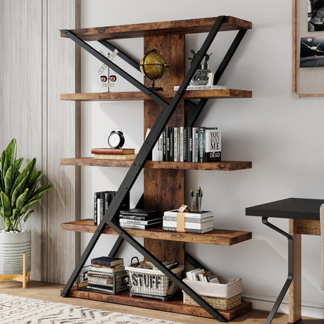 FUSUNBAO 5-Tier Wooden and Metal Frame Bookshelf,Vintage Industrial Modern Style Tall Bookcase,72 "H x 12 "W x 47" L,Rustic Large Wooden Shelf,Display Shelf for Home Office,Retro Brown FUSUNBAO