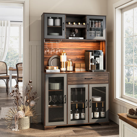 Fatmok Kitchen Pantry Cabinet, 71" Tall Liquor Cabinet with Glass Doors, Adjustable Shelves, Drawer, Coffee Bar Wine Cabinet with LED Lights, Power Outlet & Wine Rack, Buffet Cabinet with Storage Fatmok