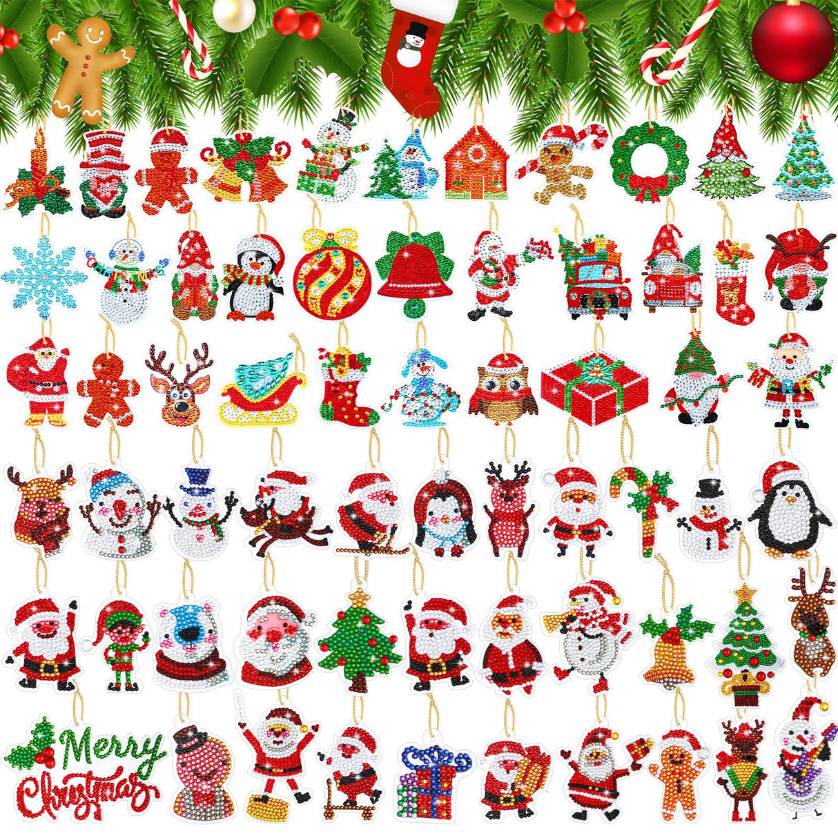 Hungdao 64 Pcs Diamond Art Christmas Ornaments Kits Christmas Crafts for Adults Diamond Gem Art Winter Hanging Ornaments 5d DIY Painting Keychains Xmas Crystal Tree Snowman Home Decor(Classic Red) Hungdao
