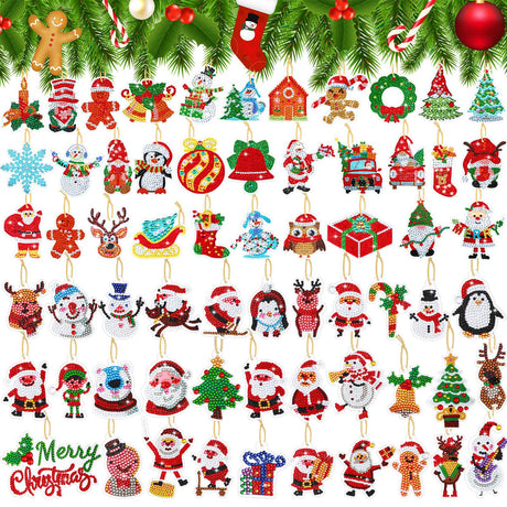 Hungdao 64 Pcs Diamond Art Christmas Ornaments Kits Christmas Crafts for Adults Diamond Gem Art Winter Hanging Ornaments 5d DIY Painting Keychains Xmas Crystal Tree Snowman Home Decor(Classic Red) Hungdao